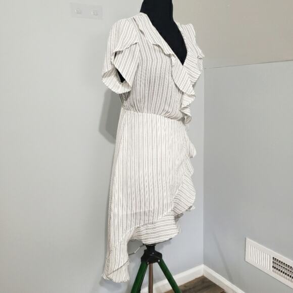 Asher by Fab'rik Zurich Tulip Sleeve Ruffled High Low Wrap Striped Dress Medium - Picture 2 of 12